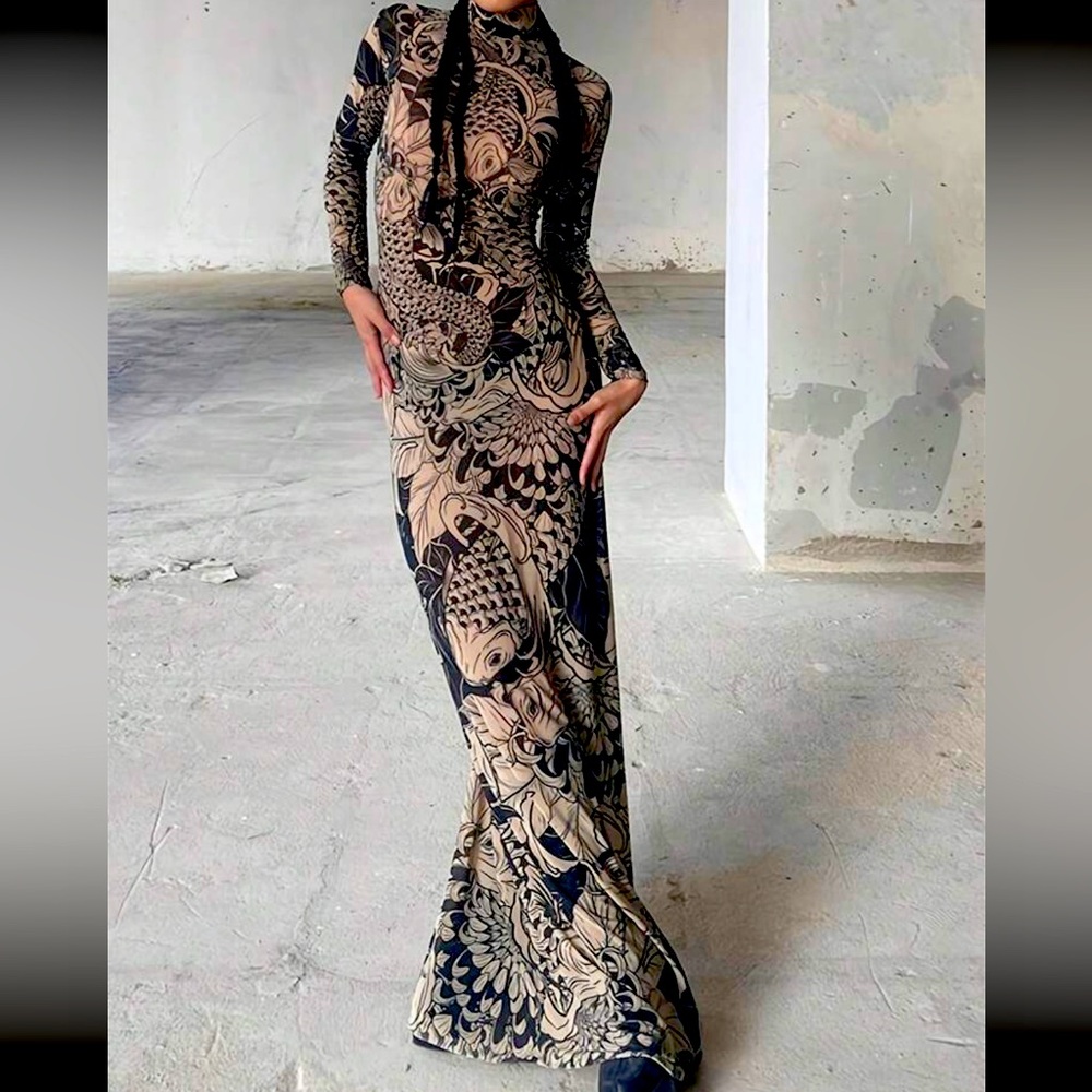 Mesh Print Long Maxi Dress